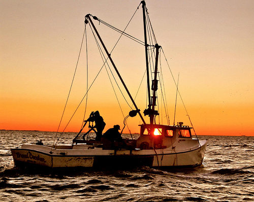 Fishing boat on the water during sunset