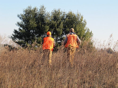 Two hunters walking outside in a field