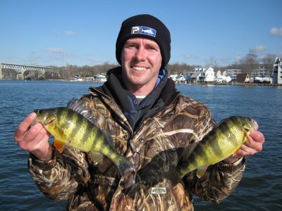 Fisherman holding two yellow perch
